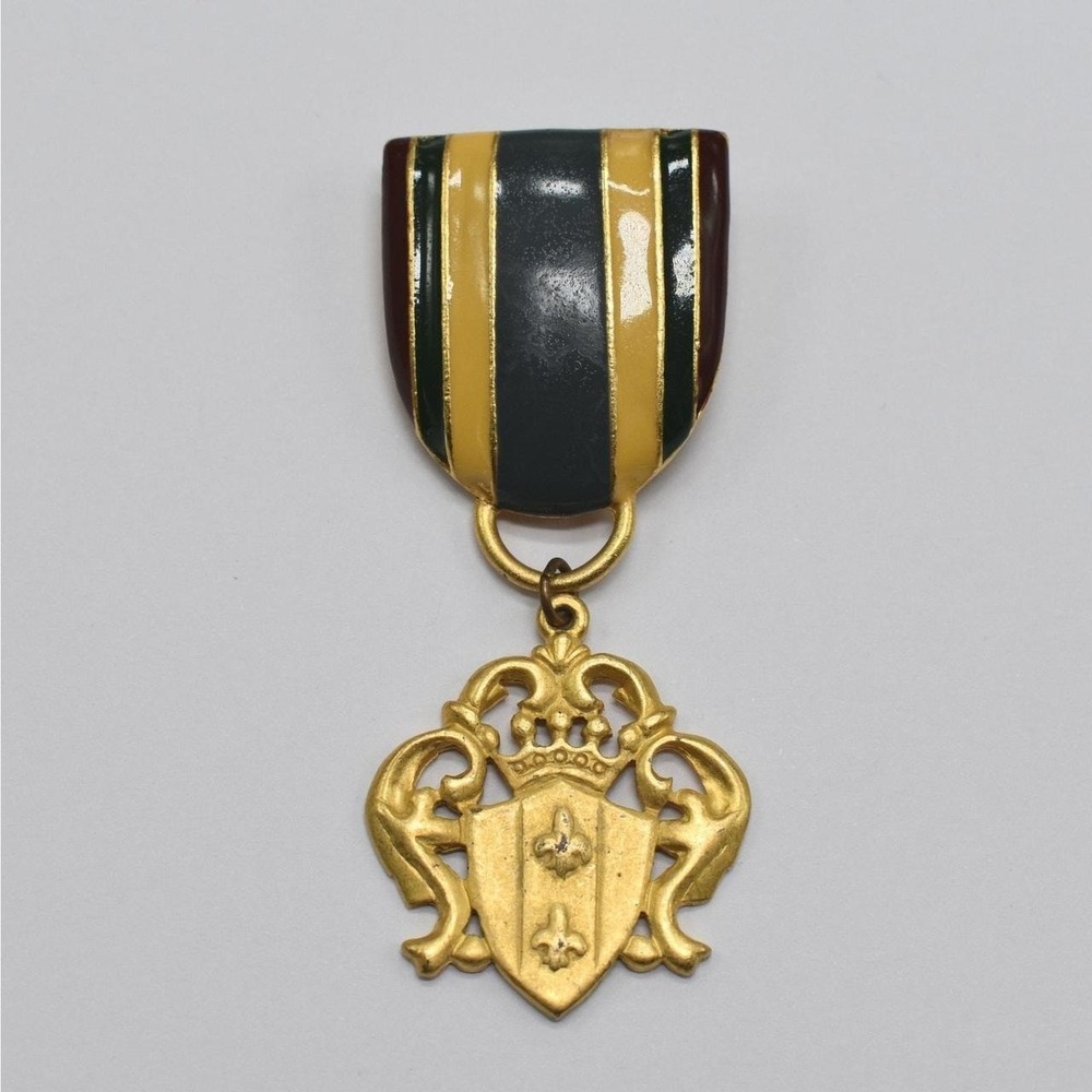 Vintage M Jent Military Medal Brooch Pin Gold Enamel Shield Blazer Crest Signed